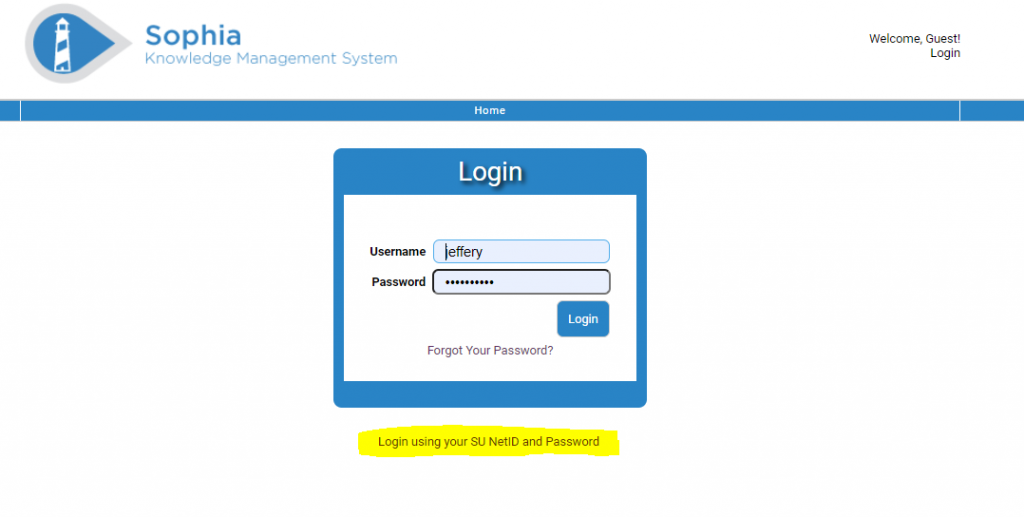 Image of the Login Box for the Sophia Knowledge Management System